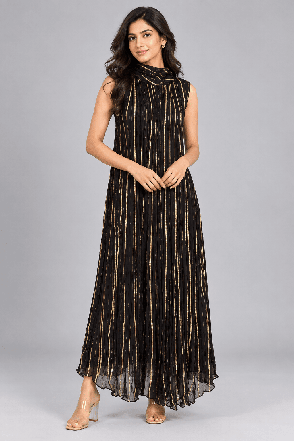 Ananya Black Golden Stripe Sleeveless Maxi Dress1
