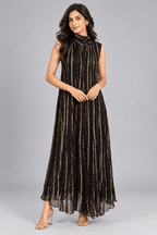 Ananya Black Golden Stripe Sleeveless Maxi Dress1