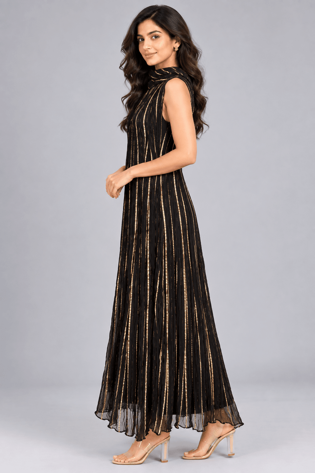 Ananya Black Golden Stripe Sleeveless Maxi Dress3