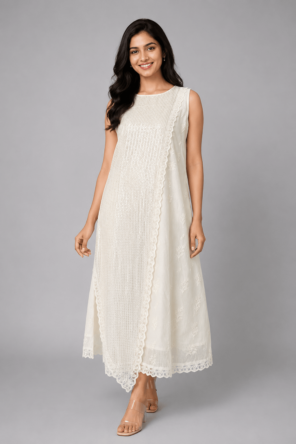 Ivory Noor White Glass Chanderi Dress Front View