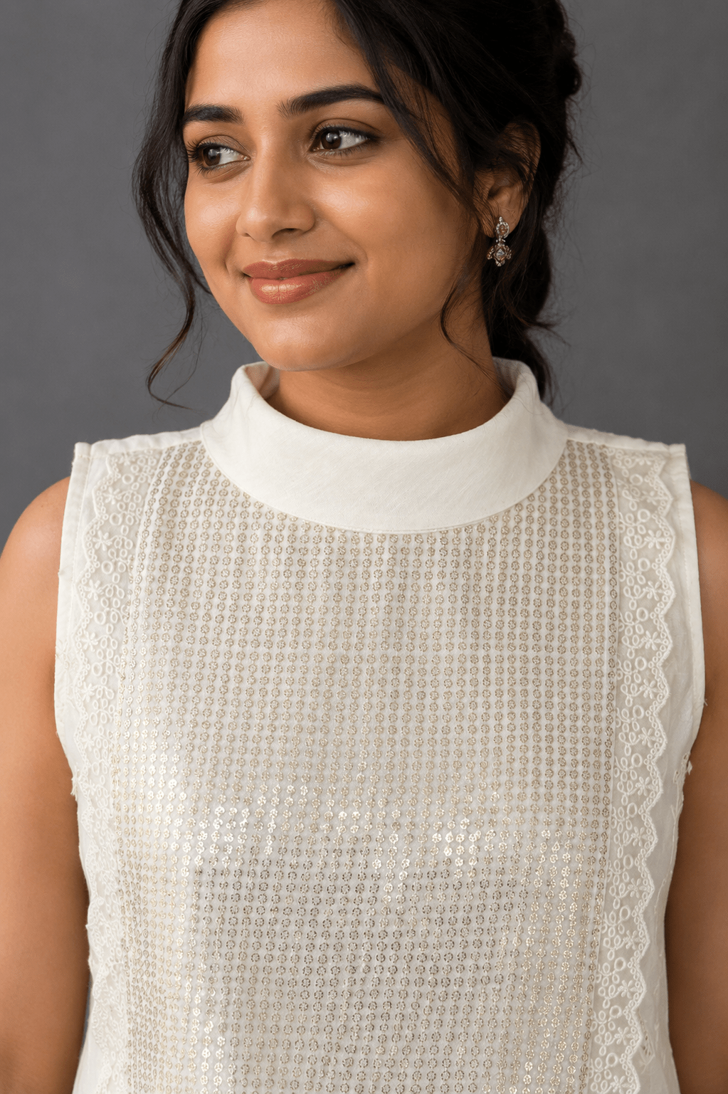 Ivory Noor White Glass Chanderi Dress close-up View