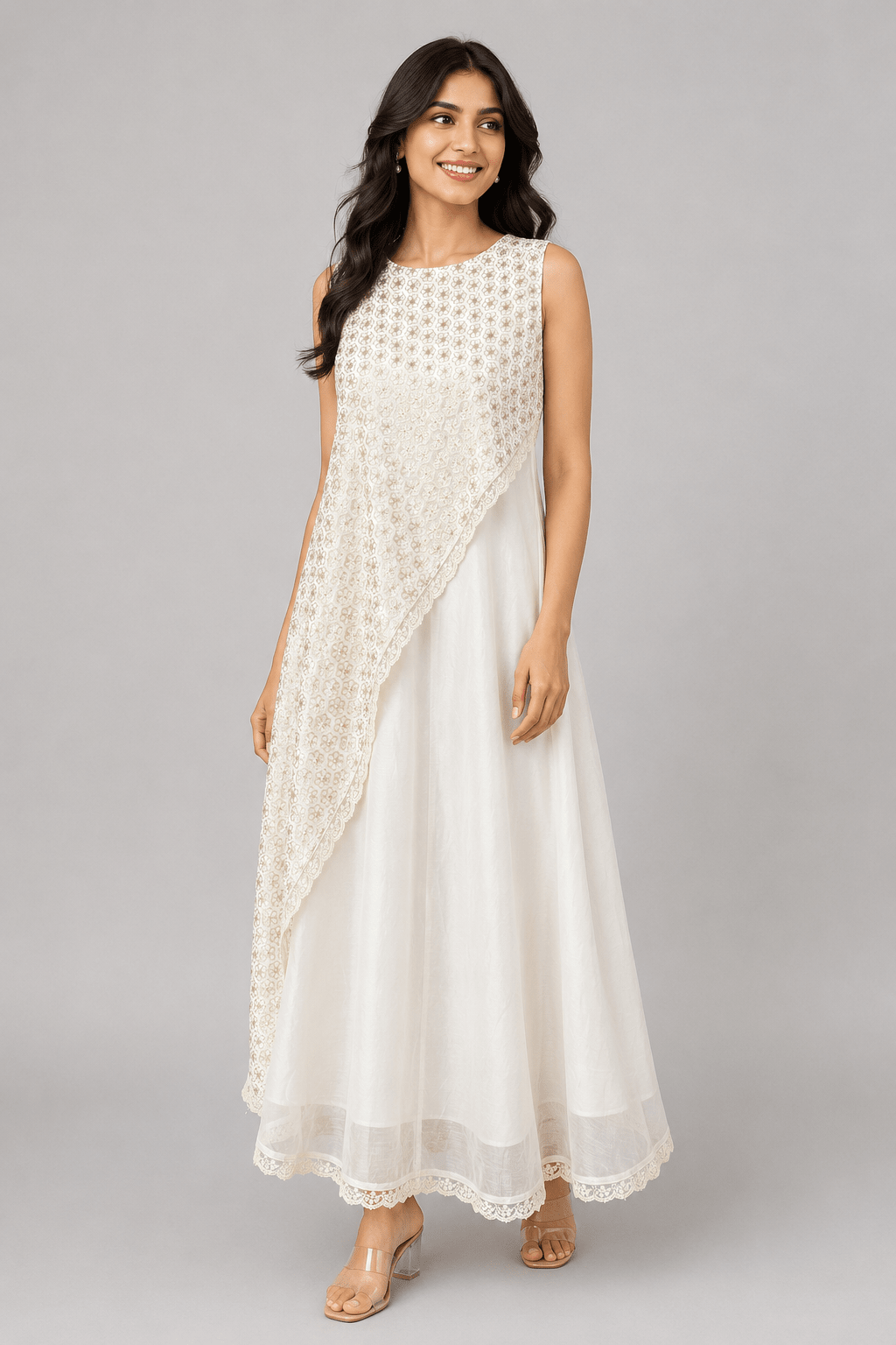 Ivory Pushpa White Glass Chanderi Dress Front View