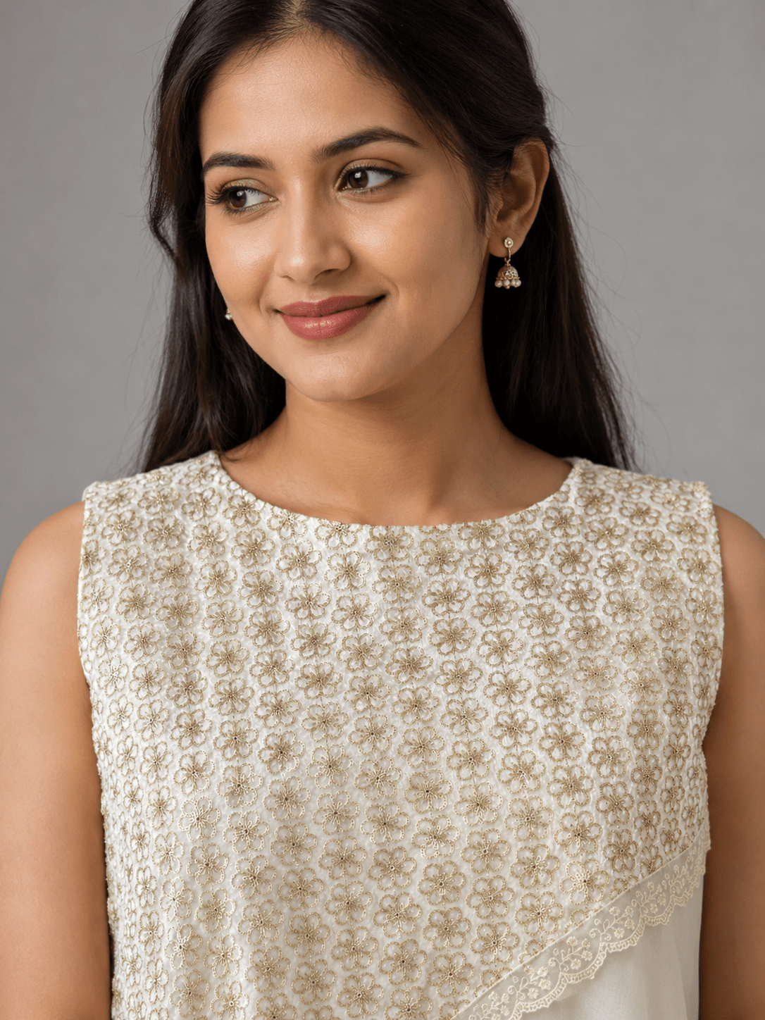 Ivory Pushpa White Glass Chanderi Dress close-up View