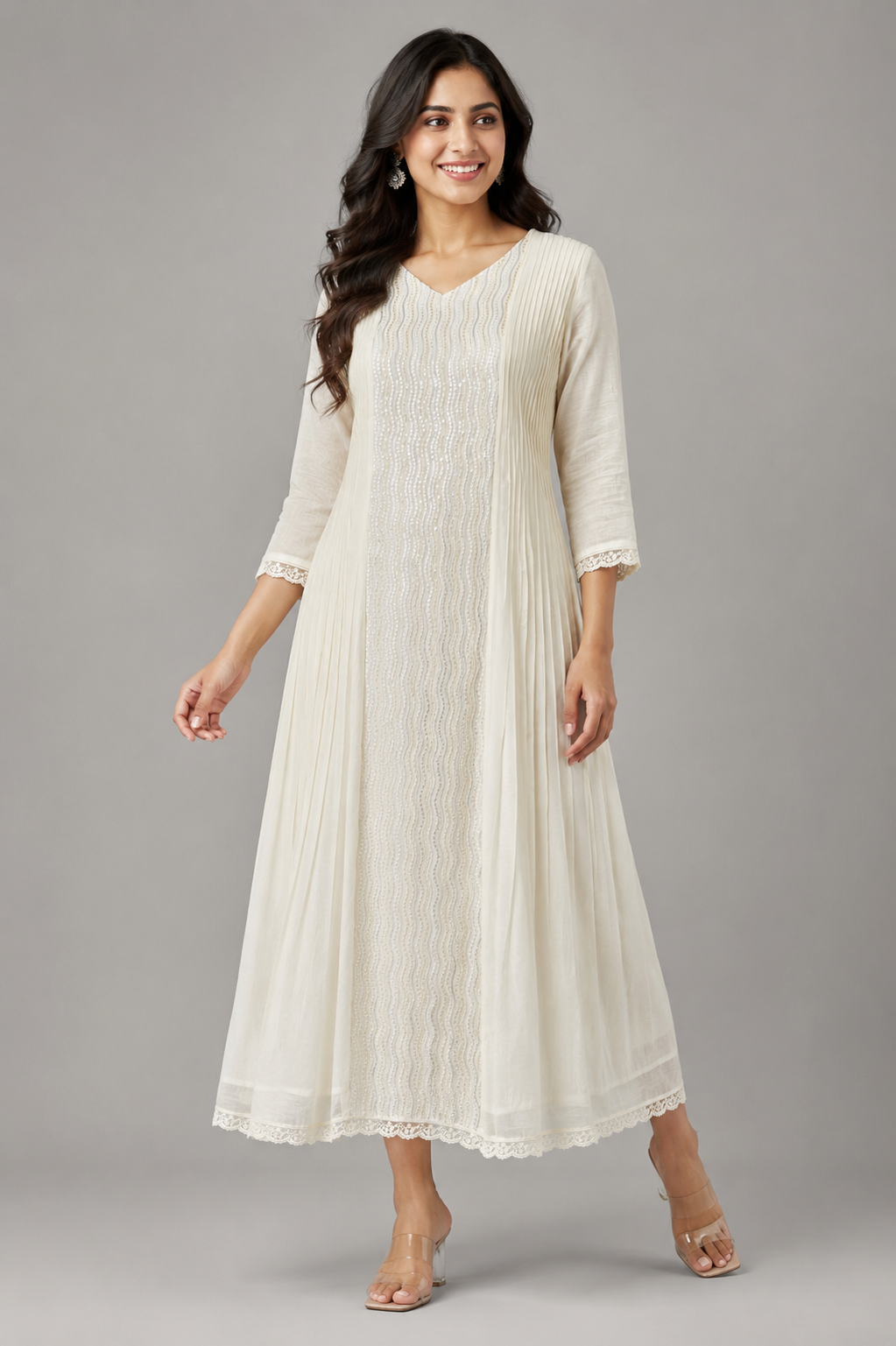Ivory Noorika White Glass Chanderi Dress Model View