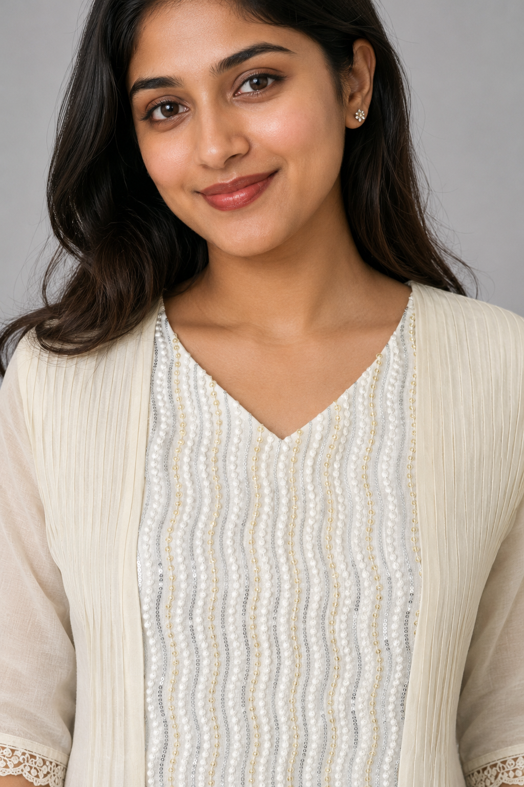 Ivory Noorika White Glass Chanderi Dress close up View