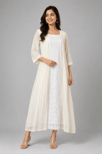 Ivory Zoya White Glass Chanderi Dress with floral embroidery and pleated detailing for festive wear fill photo