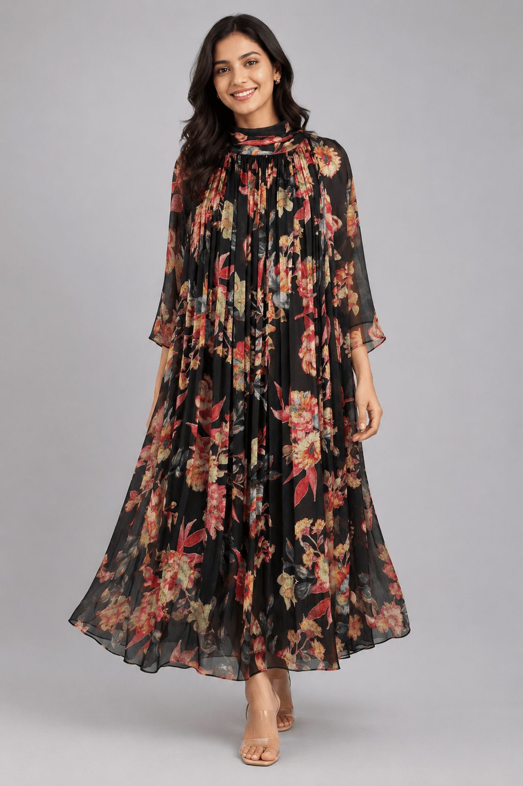 Gulnaar Black Floral Crushed Chiffon Dress with floral print and elegant pleated design for festive and party wear