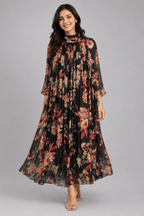 Gulnaar Black Floral Crushed Chiffon Dress with floral print and elegant pleated design for festive and party wear