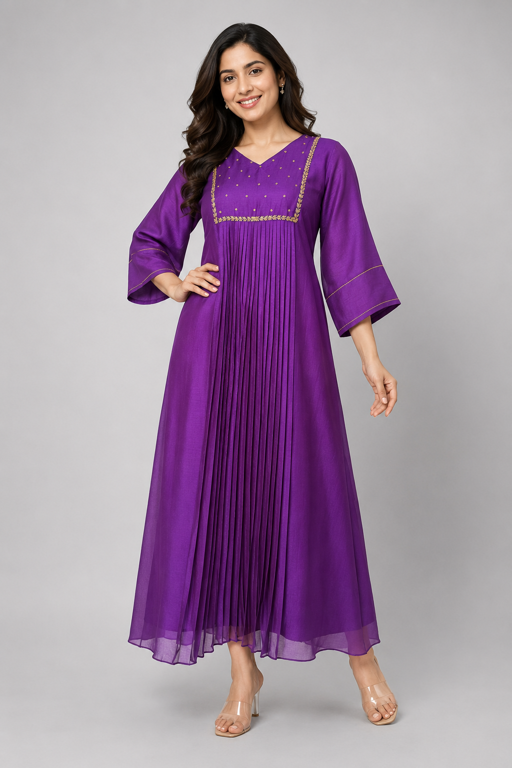 Rajwadi Violet Pleated Anarkali Dress