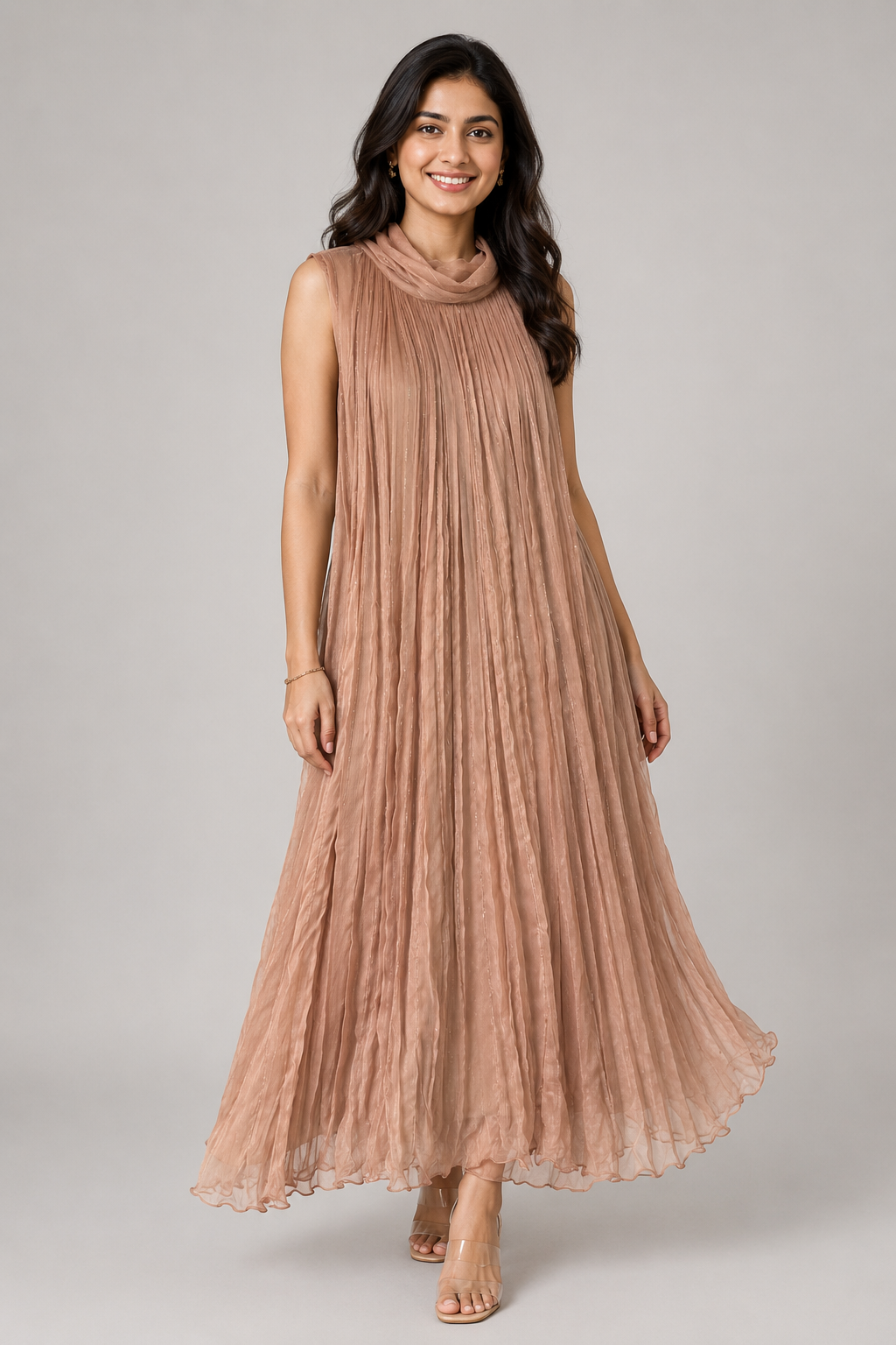 Mehera Mocha Crushed Chiffon Maxi Dress