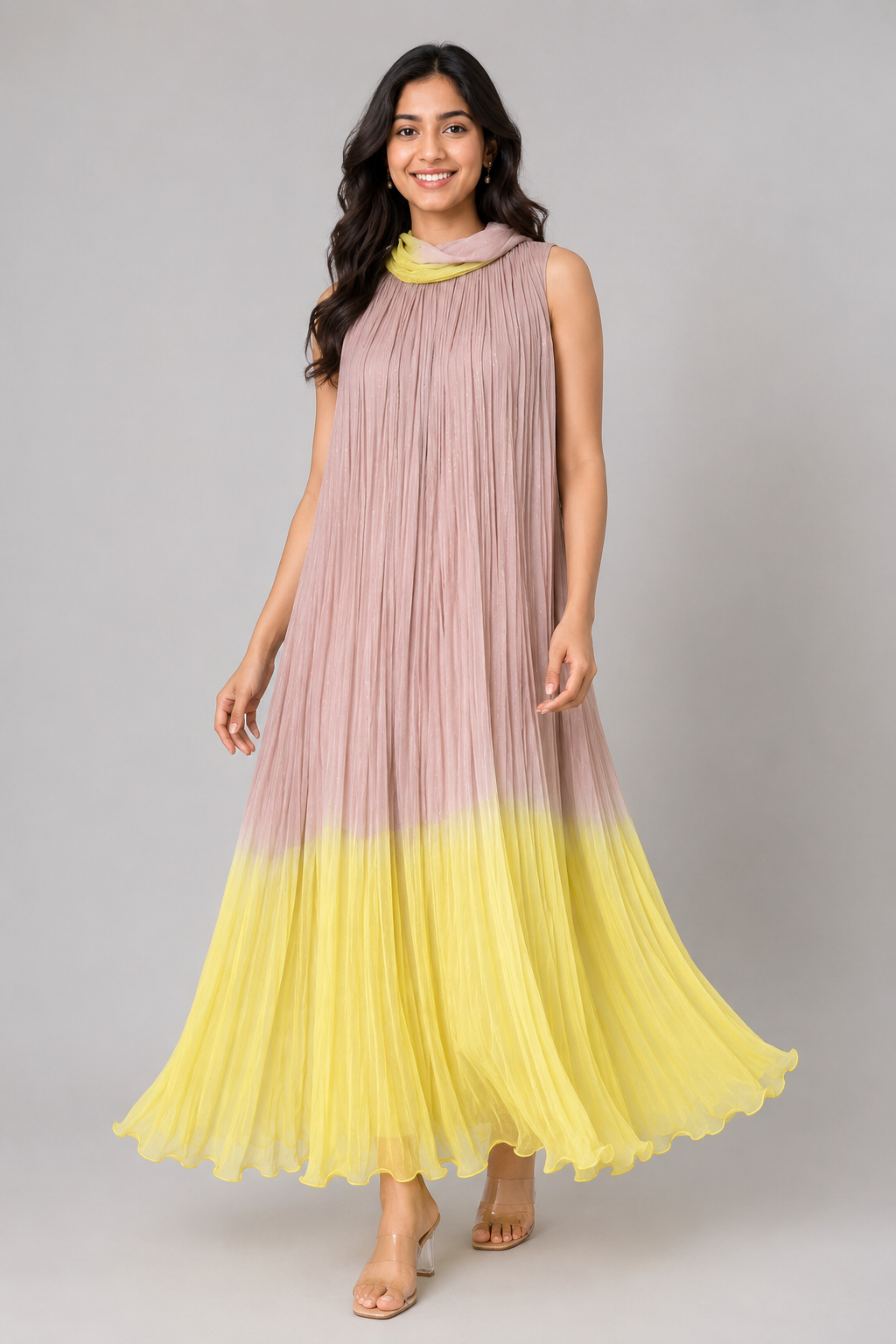 Gulnaar Dual Tone Crushed Chiffon Maxi Dress