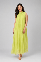 Lime Glow Crushed Chiffon Maxi Dress