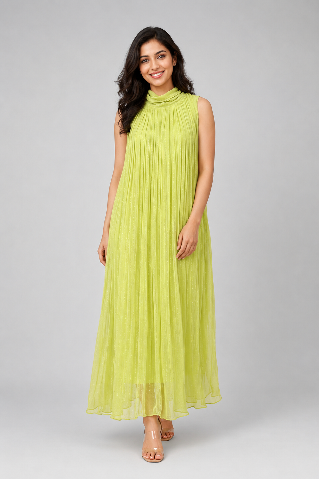 Lime Glow Crushed Chiffon Maxi Dress