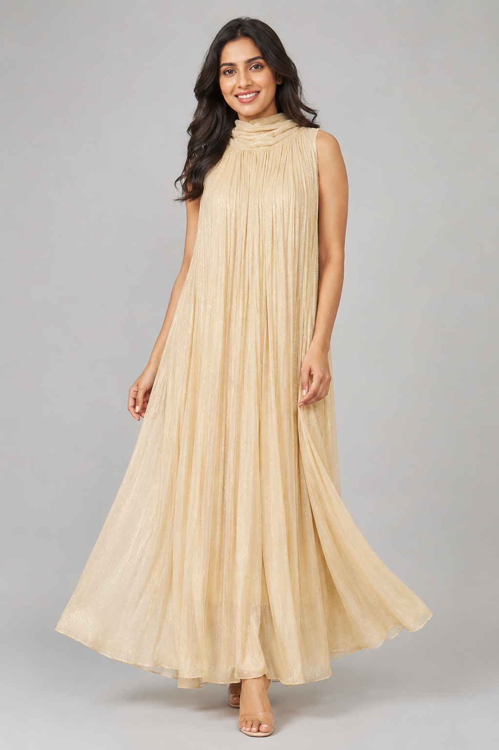 Ivory Glow Crushed Chiffon Maxi Dress