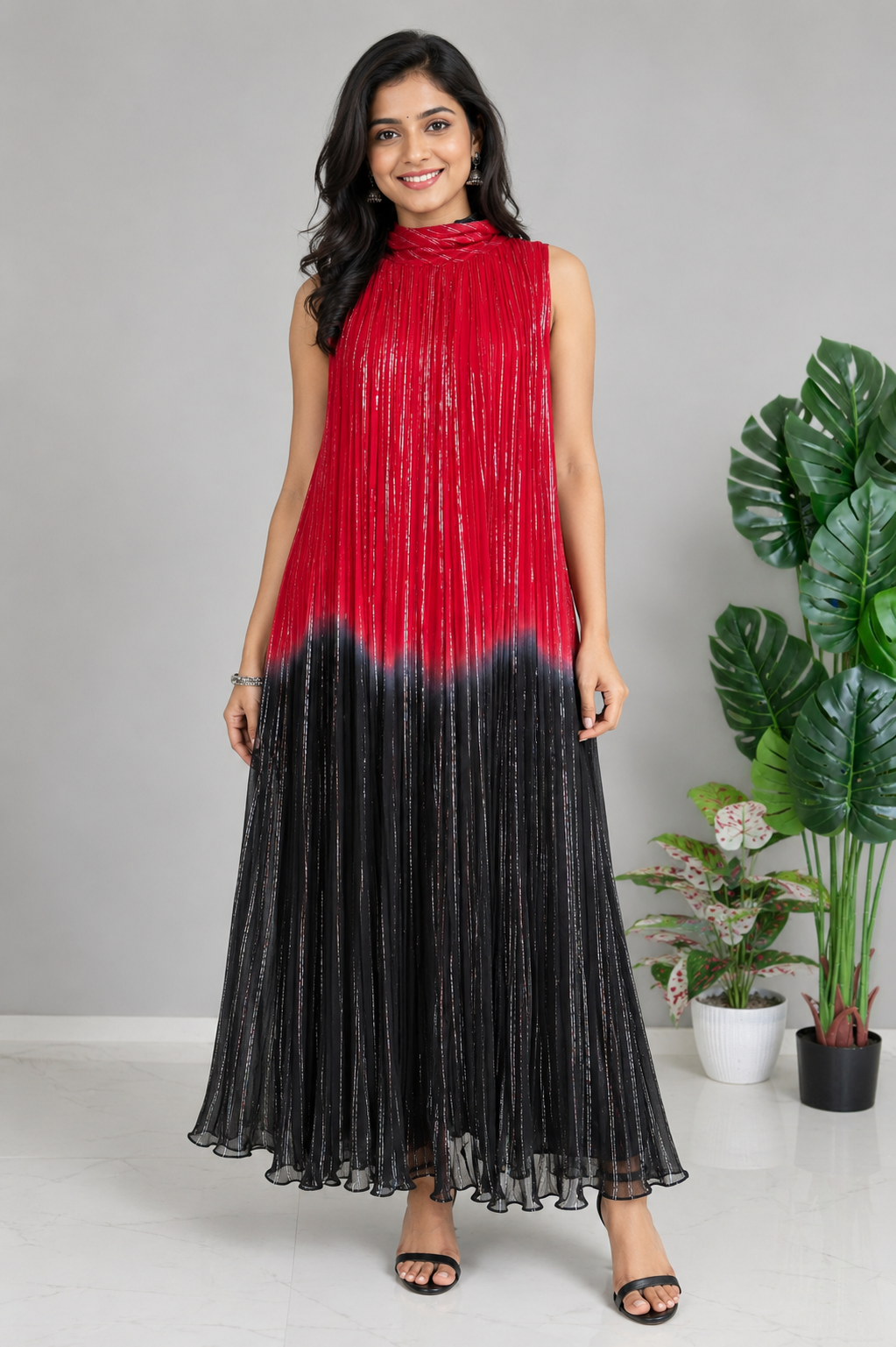 Ruby Red & Black Crushed Chiffon Maxi Dress