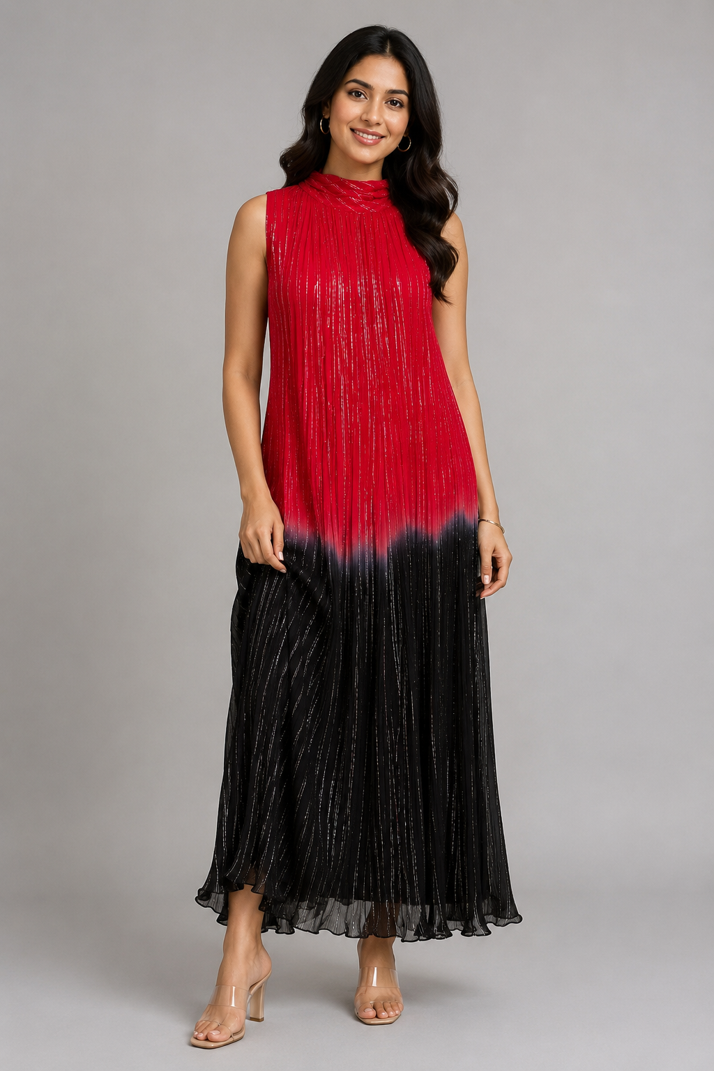 Ruby Red & Black Crushed Chiffon Maxi Dress