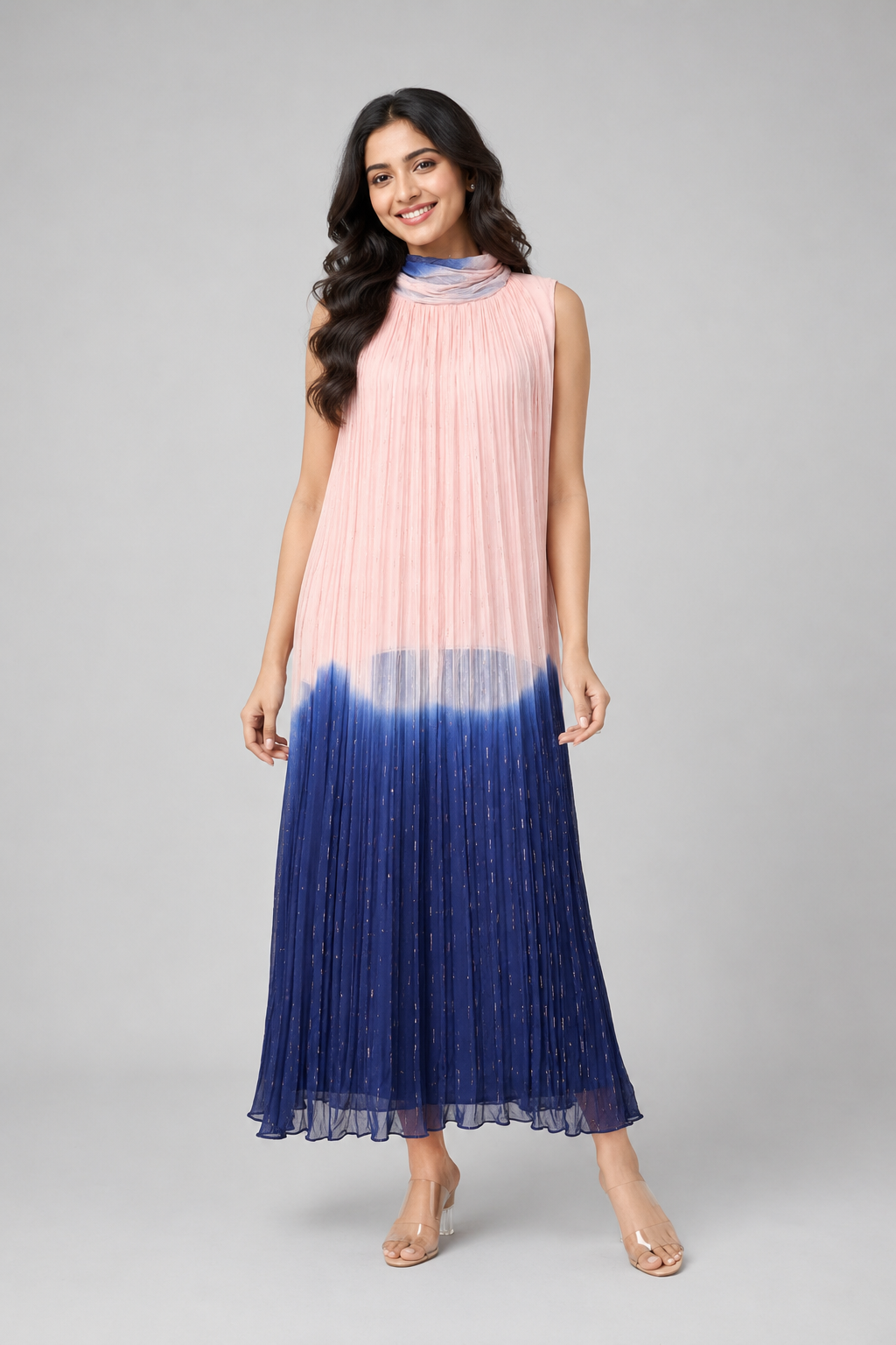 Blush Pink & Royal Blue Ombre Crushed Chiffon Maxi Dress