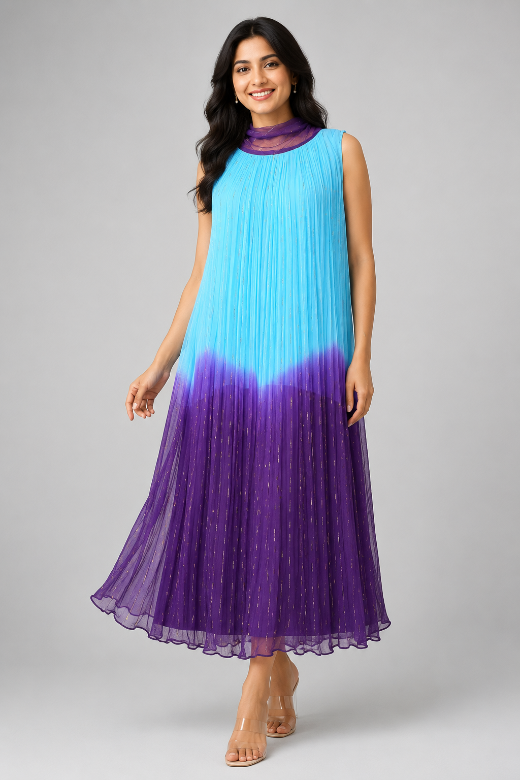 Sky Blue & Purple Ombre Crushed Chiffon Maxi Dress