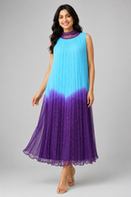 Sky Blue & Purple Ombre Crushed Chiffon Maxi Dress