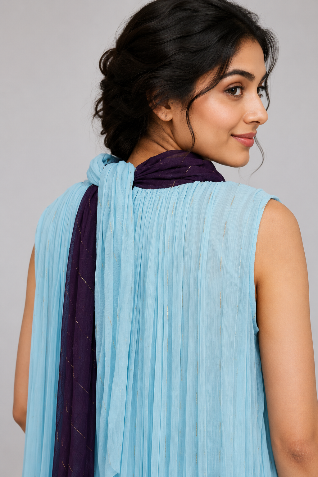Sky Blue & Purple Ombre Crushed Chiffon Maxi Dress