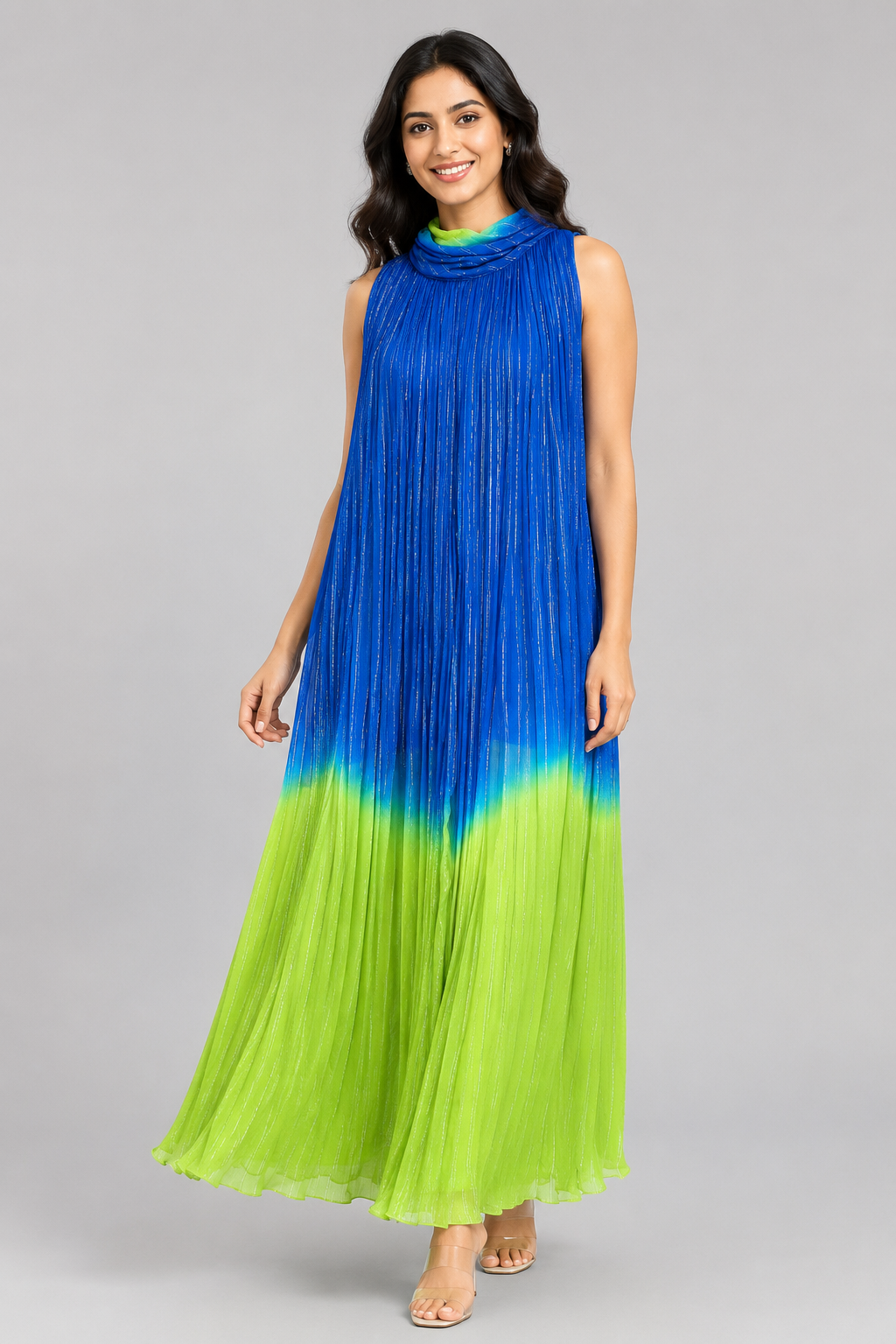 Royal Blue & Lime Green Crushed Chiffon Maxi Dress