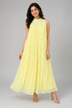 Lemon Yellow Chanderi & Crushed Chiffon Maxi Dress
