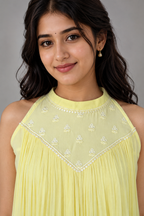 Lemon Yellow Chanderi & Crushed Chiffon Maxi Dress