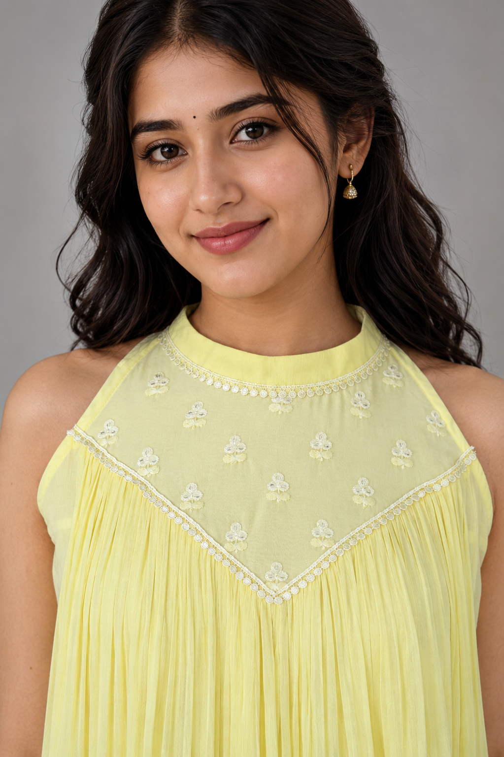 Lemon Yellow Chanderi & Crushed Chiffon Maxi Dress