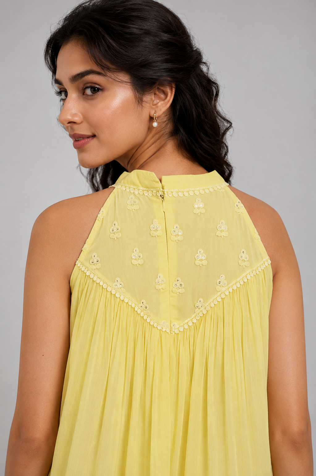 Lemon Yellow Chanderi & Crushed Chiffon Maxi Dress