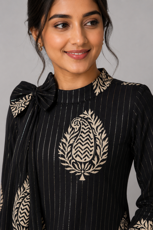 Black Paisley Print Mull Cotton Midi Dress