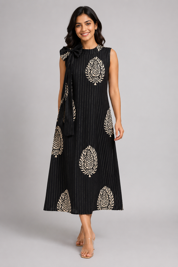 Black Paisley Print Mull Cotton Midi Dress Front View