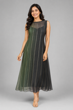 Olive Green Glass Chanderi Midi Dress