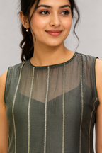 Olive Green Glass Chanderi Midi Dress