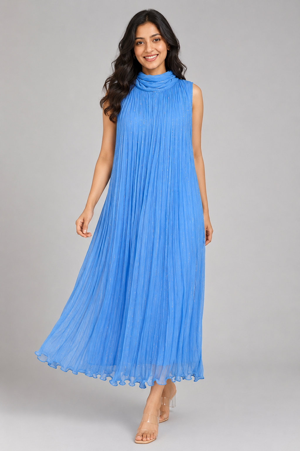 Sky Blue Crushed Chiffon Maxi Dress