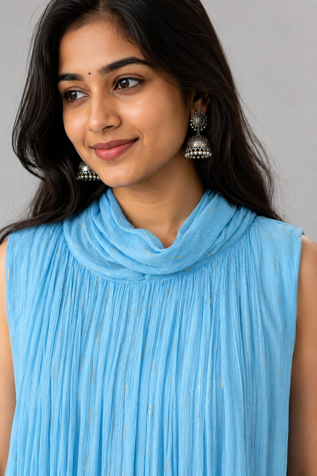 Powder Blue Crushed Chiffon Maxi Dress