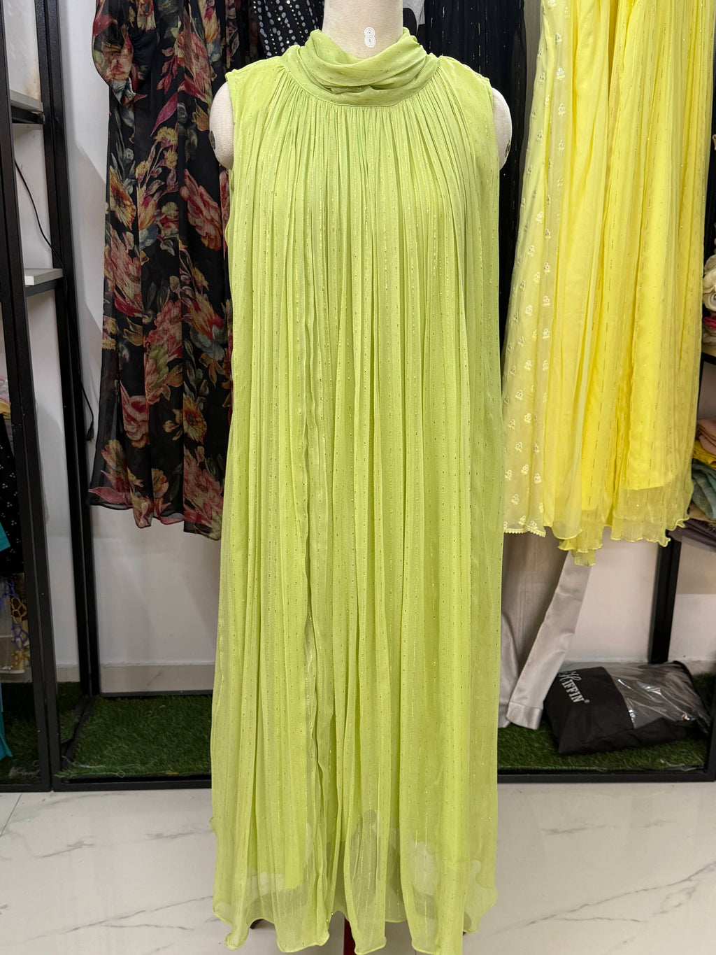 Lime Glow Crushed Chiffon Maxi Dress