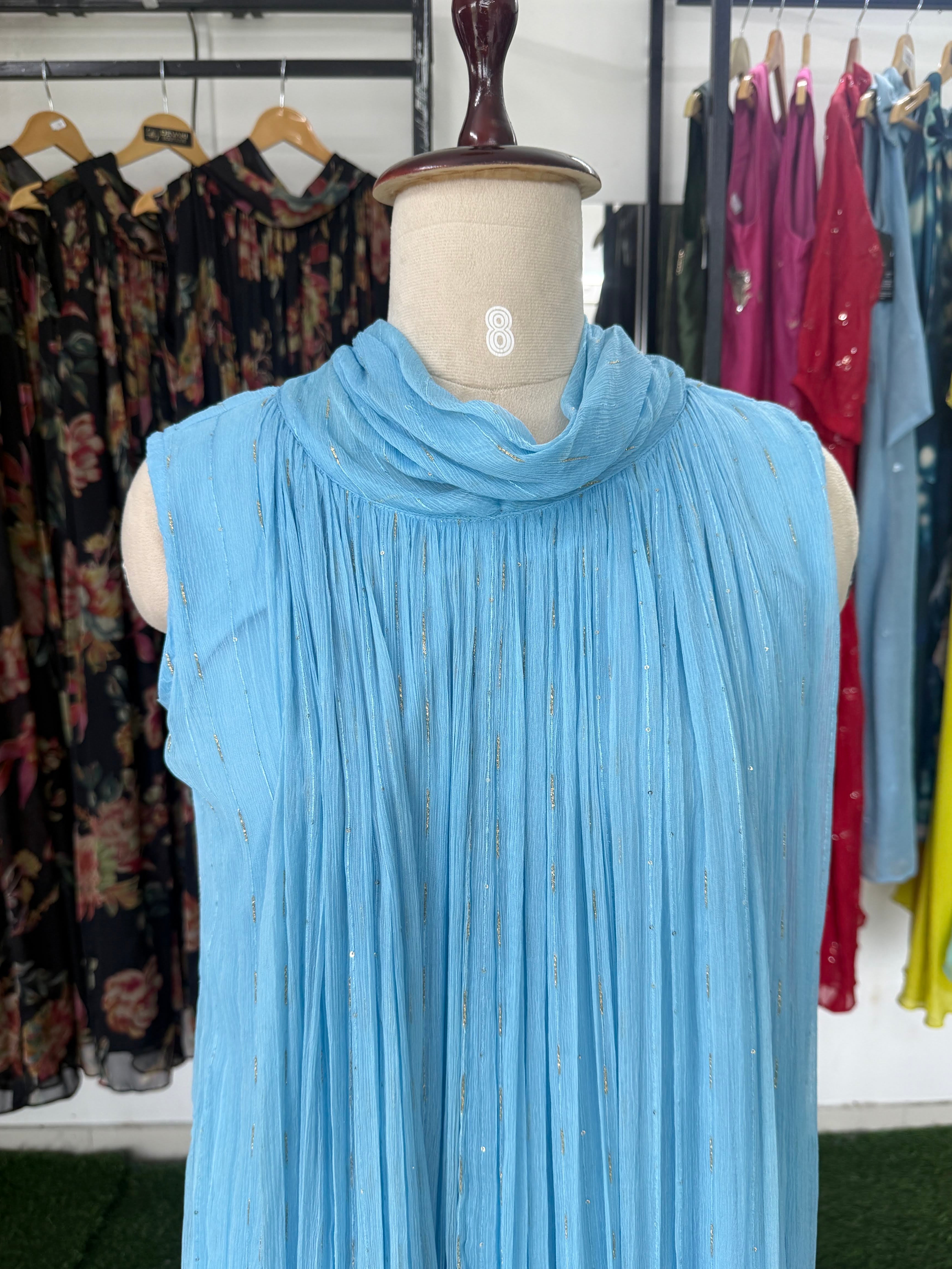 Powder Blue Crushed Chiffon Maxi Dress