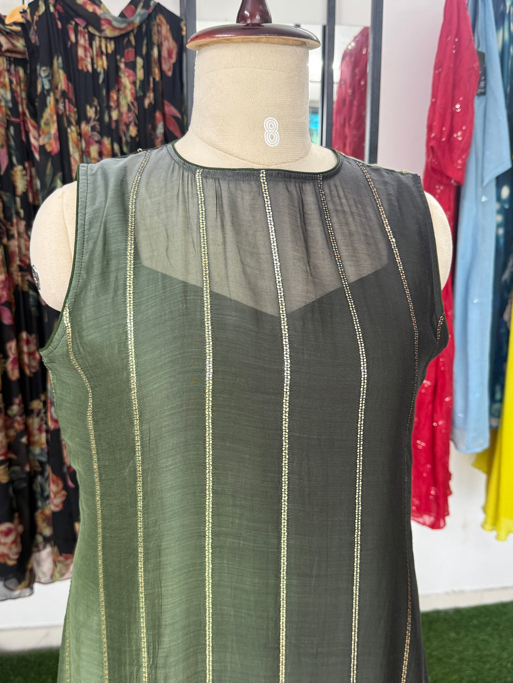 Olive Green Glass Chanderi Midi Dress
