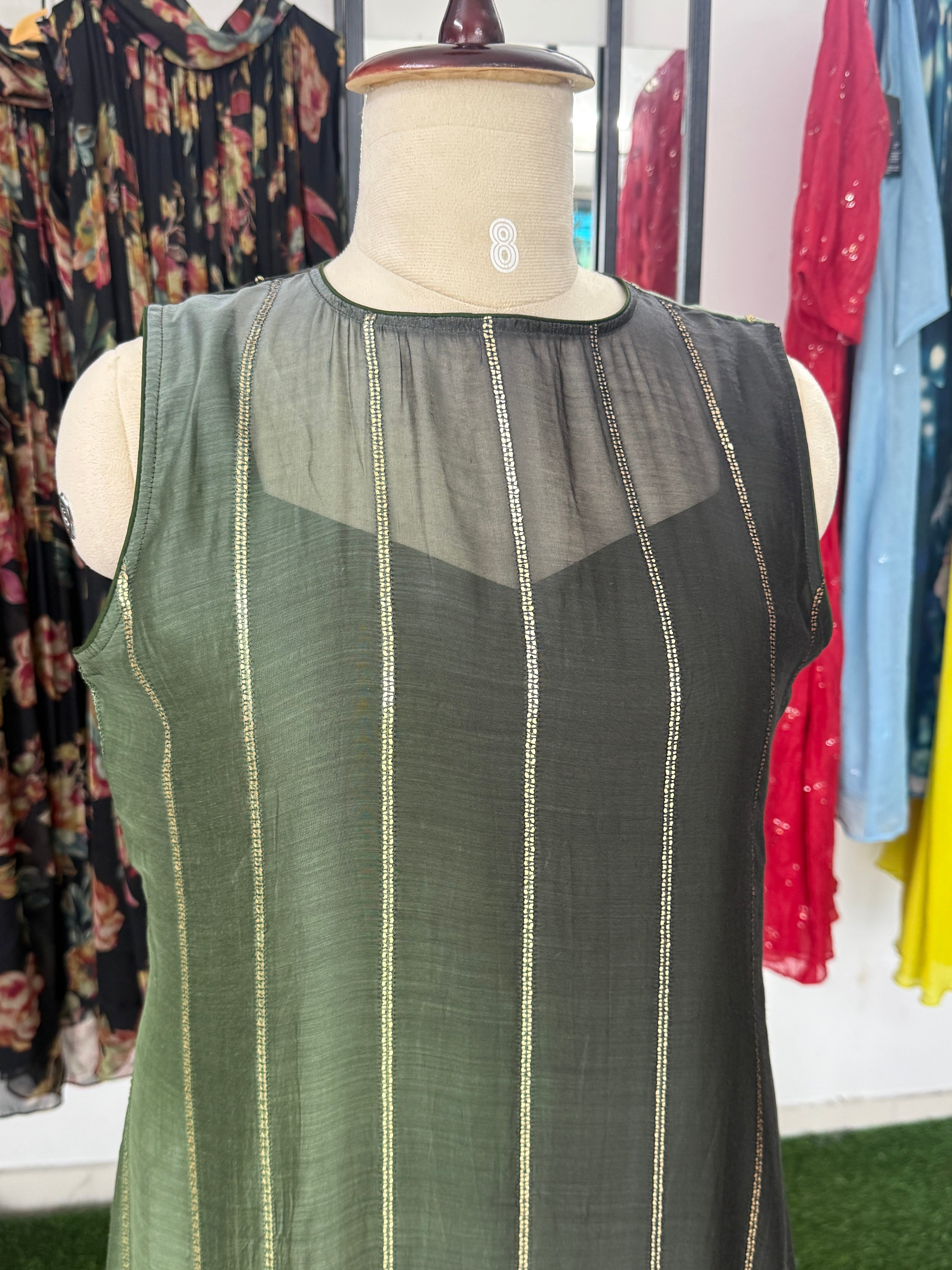 Olive Green Glass Chanderi Midi Dress