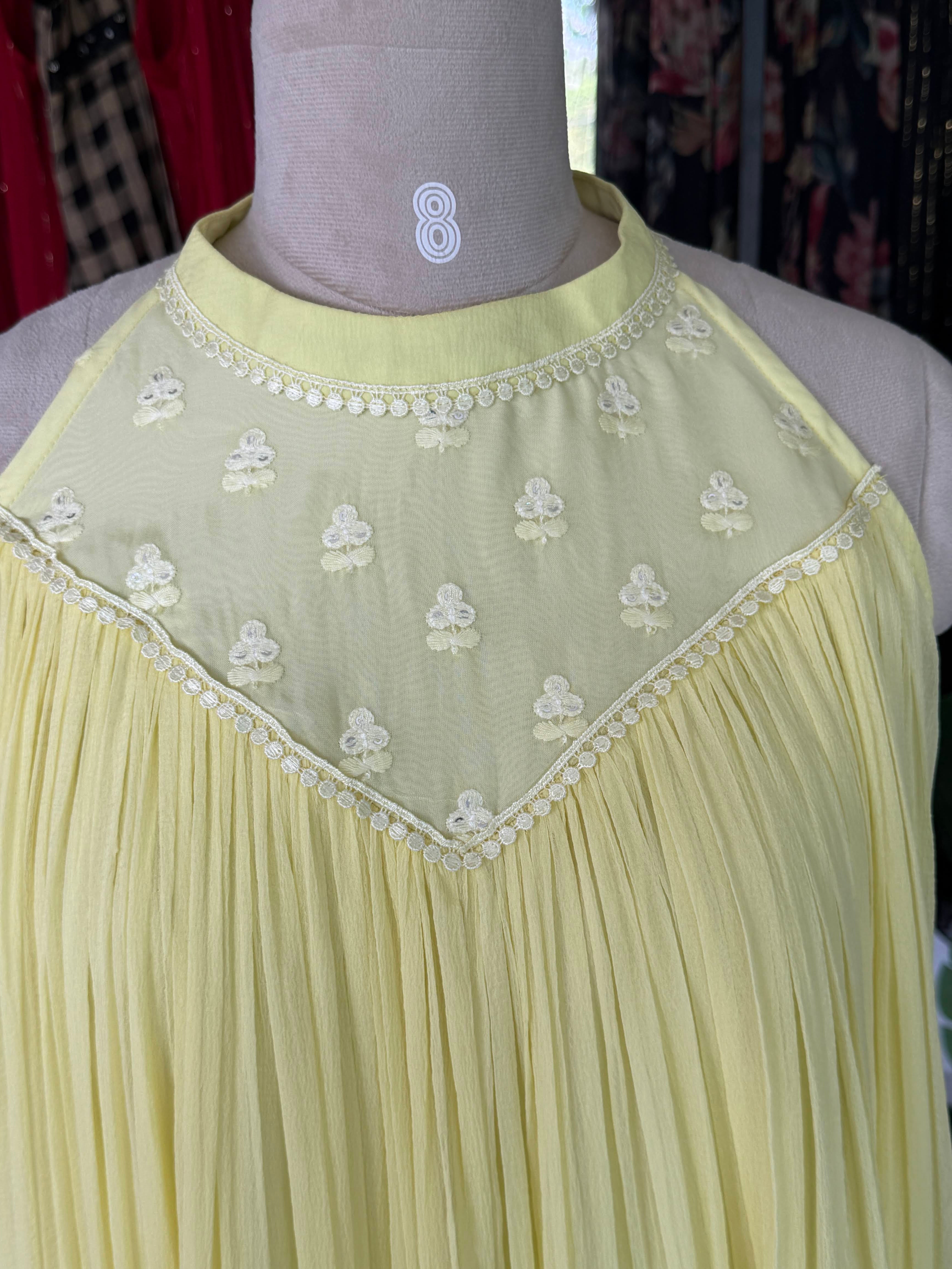 Lemon Yellow Chanderi & Crushed Chiffon Maxi Dress