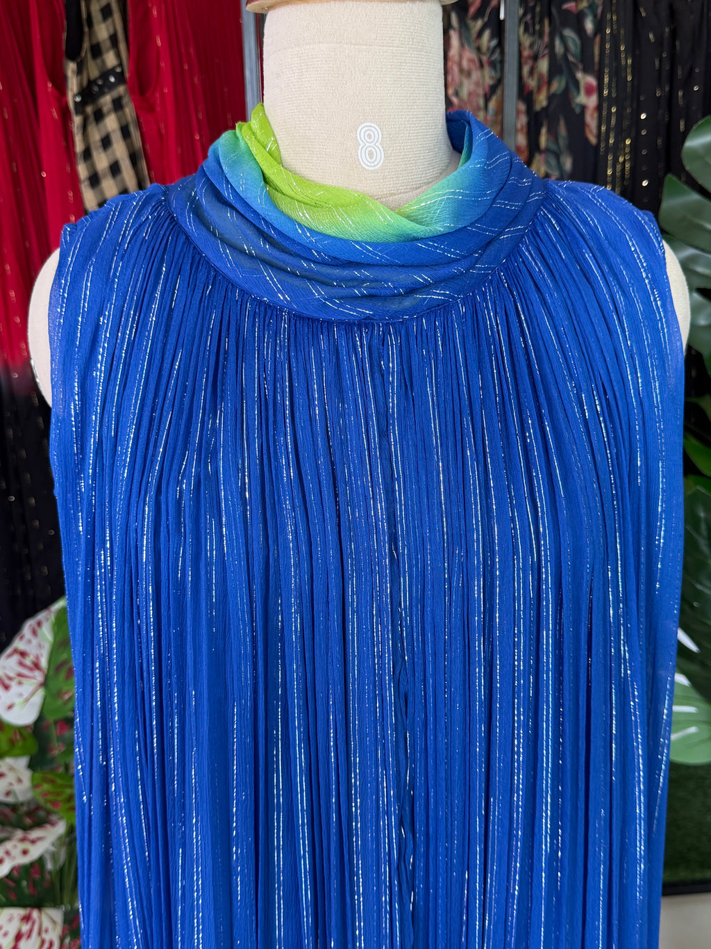 Royal Blue & Lime Green Crushed Chiffon Maxi Dress