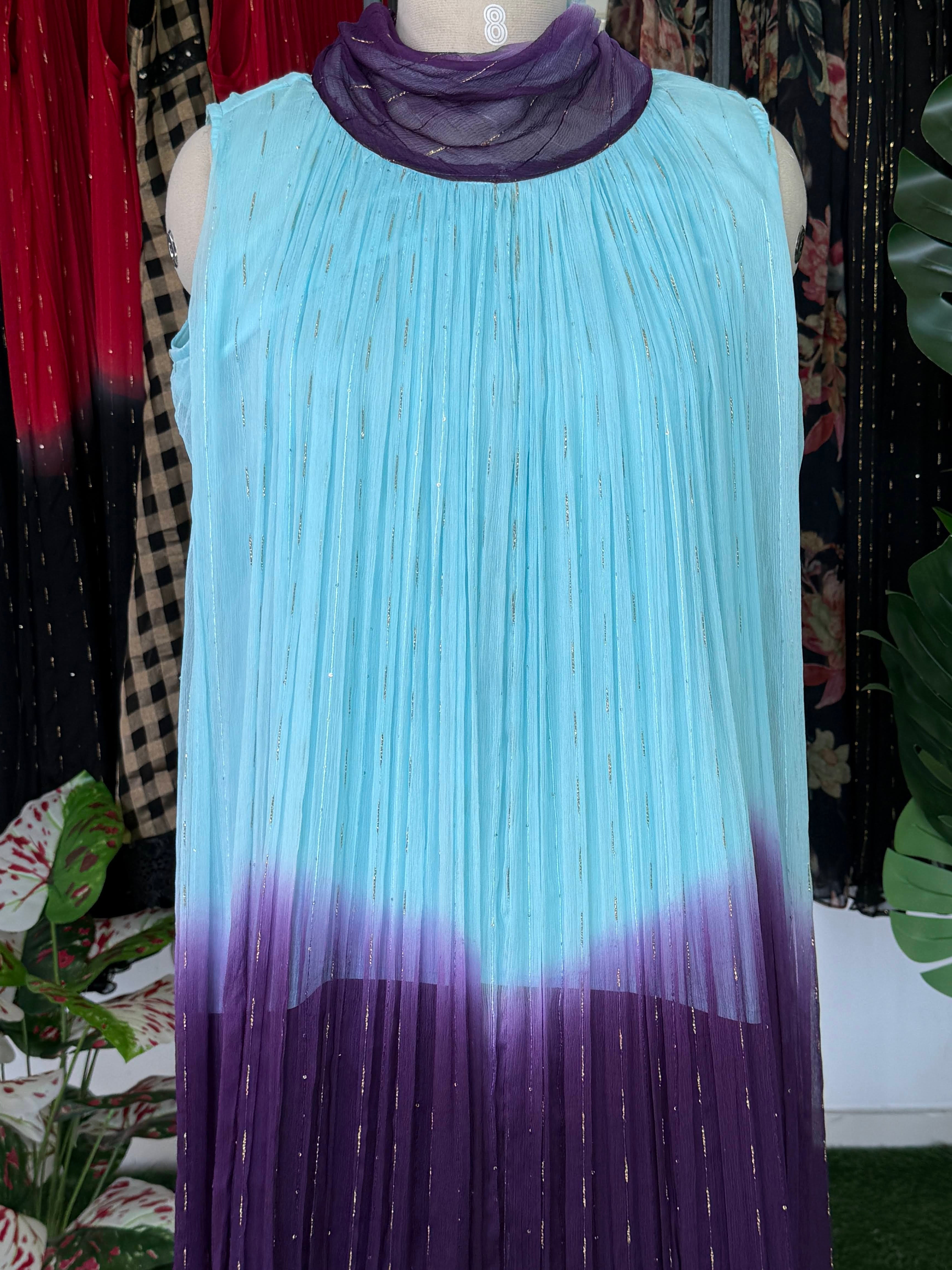 Sky Blue & Purple Ombre Crushed Chiffon Maxi Dress