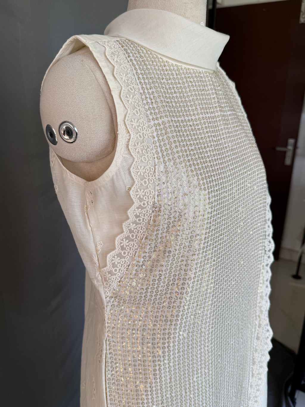 Ivory Noor White Glass Chanderi Dress Real side View
