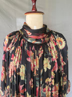 Gulnaar Black Floral Crushed Chiffon Dress with floral print and elegant pleated design for festive and party wear half real view