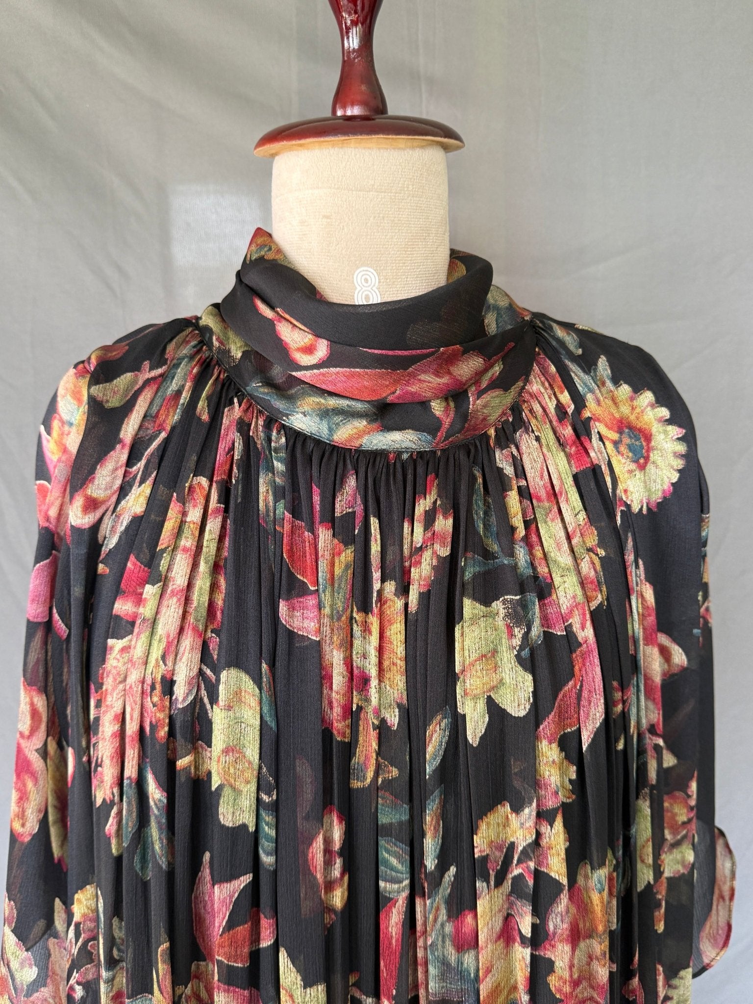 Gulnaar Black Floral Crushed Chiffon Dress with floral print and elegant pleated design for festive and party wear half real view