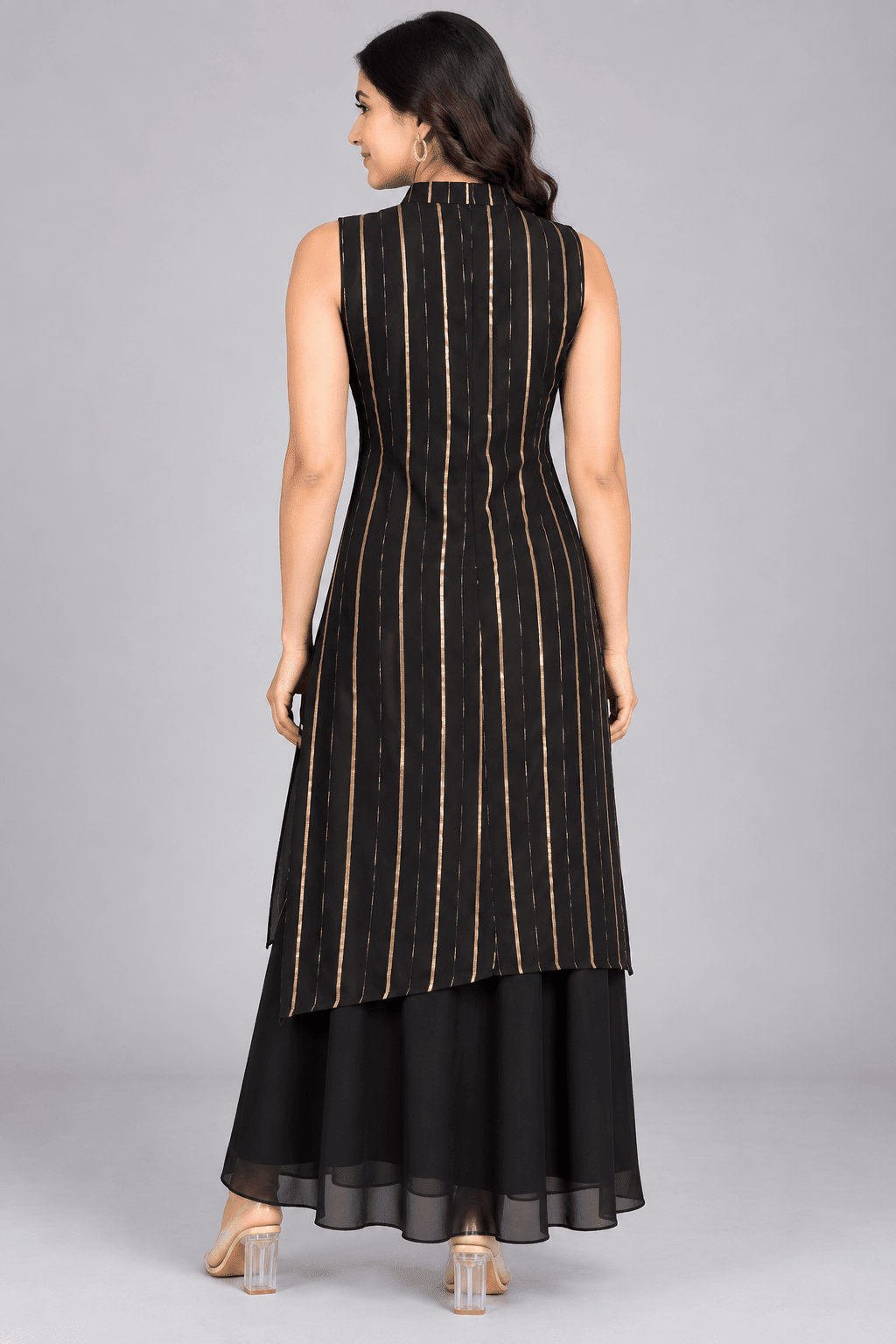 Kajal Black Golden Stripe Layered Dress4