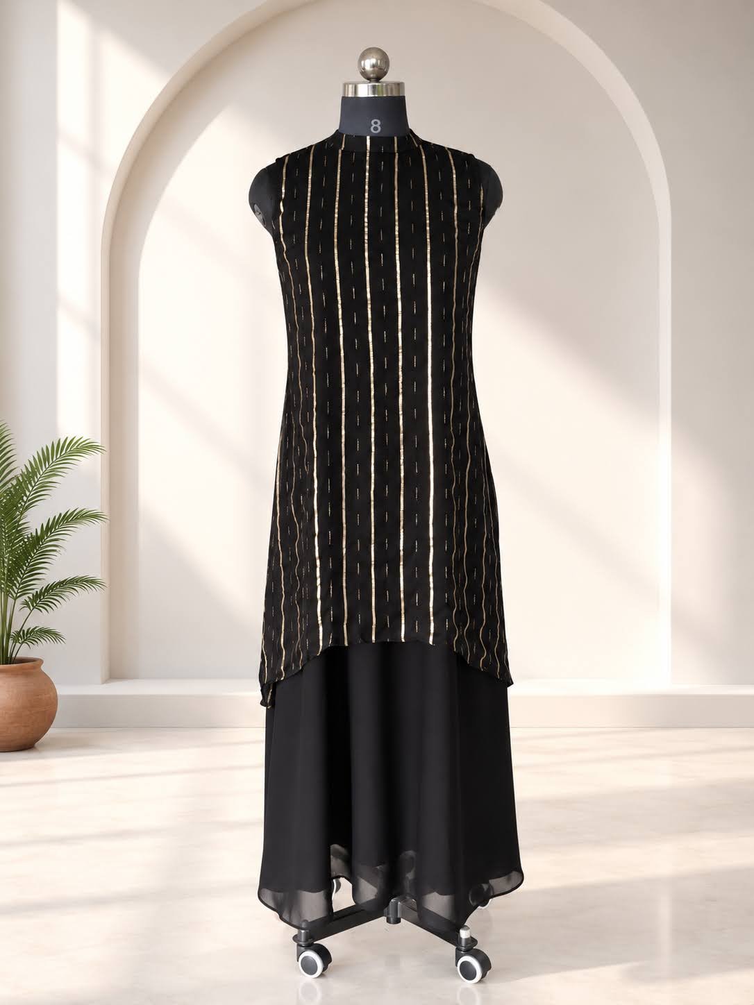 Kajal Black Golden Stripe Layered Dress5