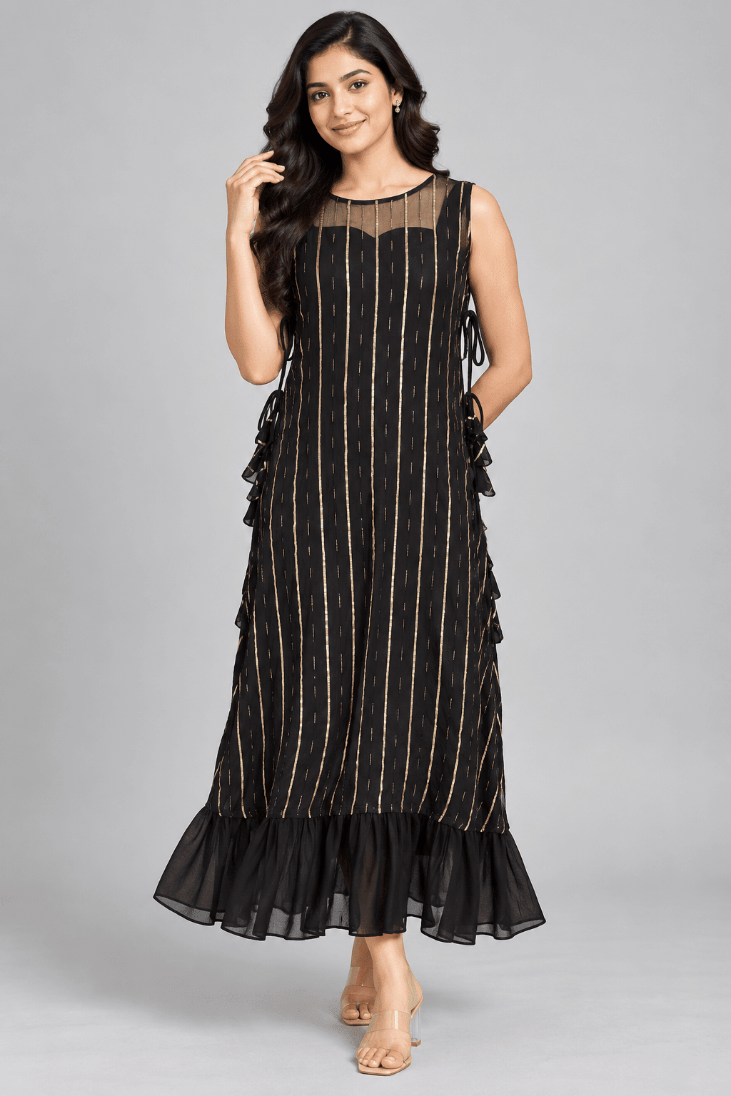 Kavya Black Crushed Chiffon and Georgette Sleeveless Dress3