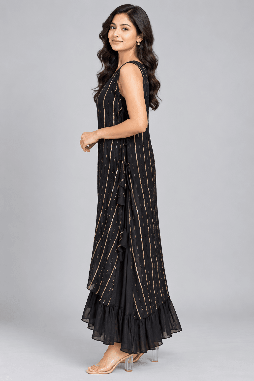 Kavya Black Crushed Chiffon and Georgette Sleeveless Dress2