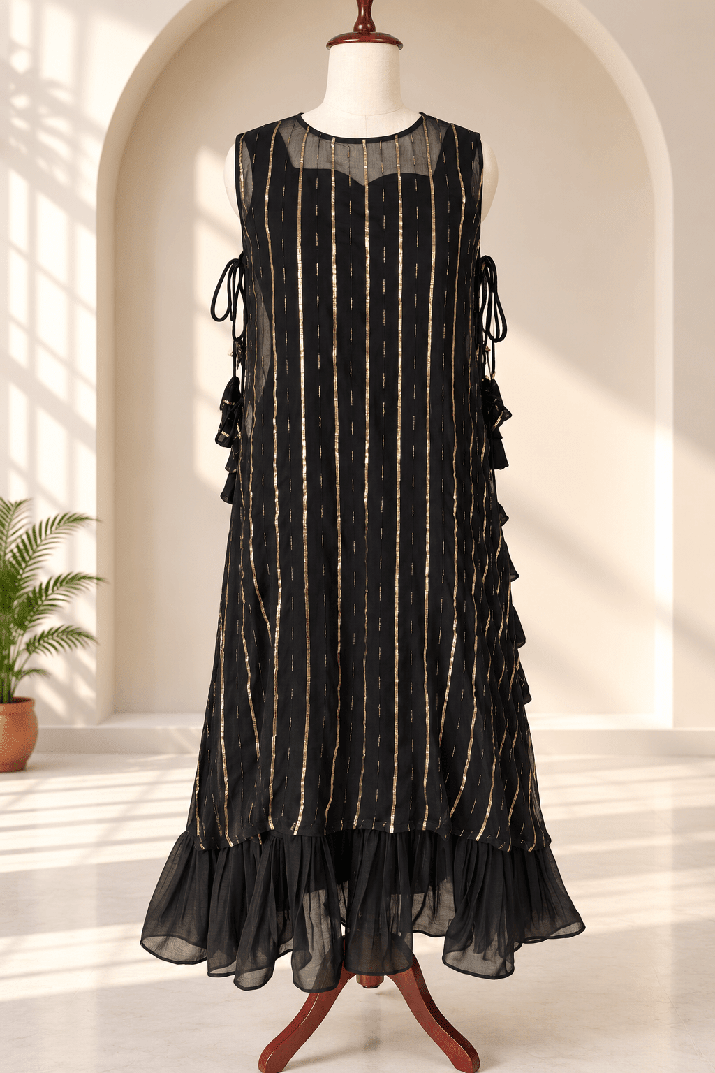 Kavya Black Crushed Chiffon and Georgette Sleeveless Dress4